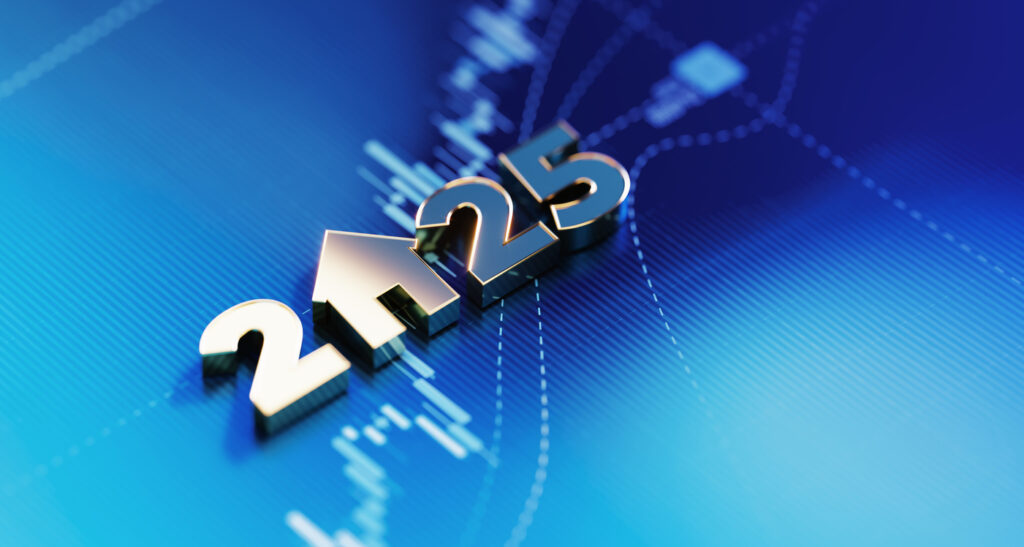 2025 Real Estate Trends concept with upward arrow on a blue financial background.
